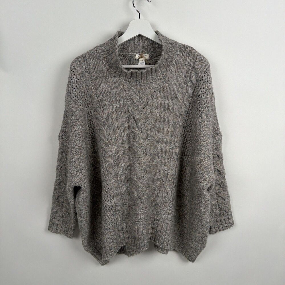 World Market Cable Knit Fisherman Womens Sweater S/ M Gray Mock Neck Dolman Boho